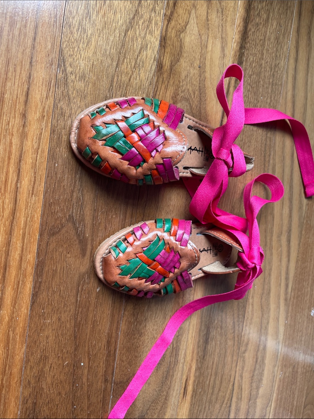 Girls Colorful Handwoven Leather Sandals with Hot Pink Ribbon